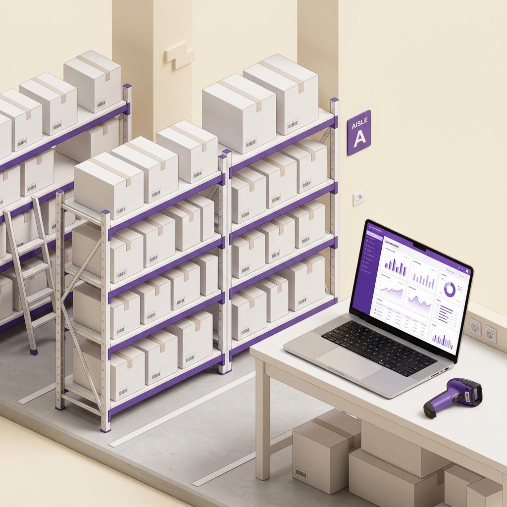 Warehouse shelves, barcode scanner and laptop showing inventory dashboard
